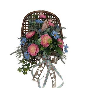 Floral Spring Easter Tobacco Basket Wall Door Decoration Handmade by Me New Pink